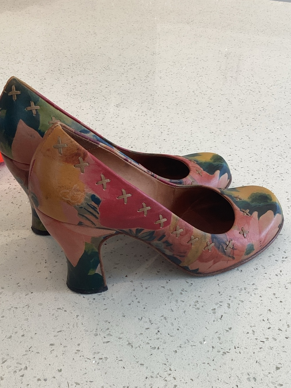 John Fluevog Pink Multicolor Watercolor Round-Toe Pumps - Picture 5 of 5